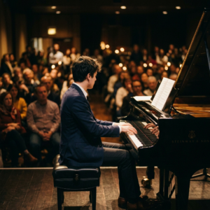 Pianist performing at a grand piano before a seated audience